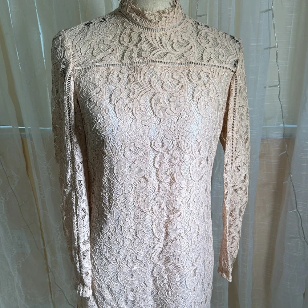 Reiss Cream Sheath Dress with Mandarin Collar and Bishop Sleeves,6 - Picture 3 of 8